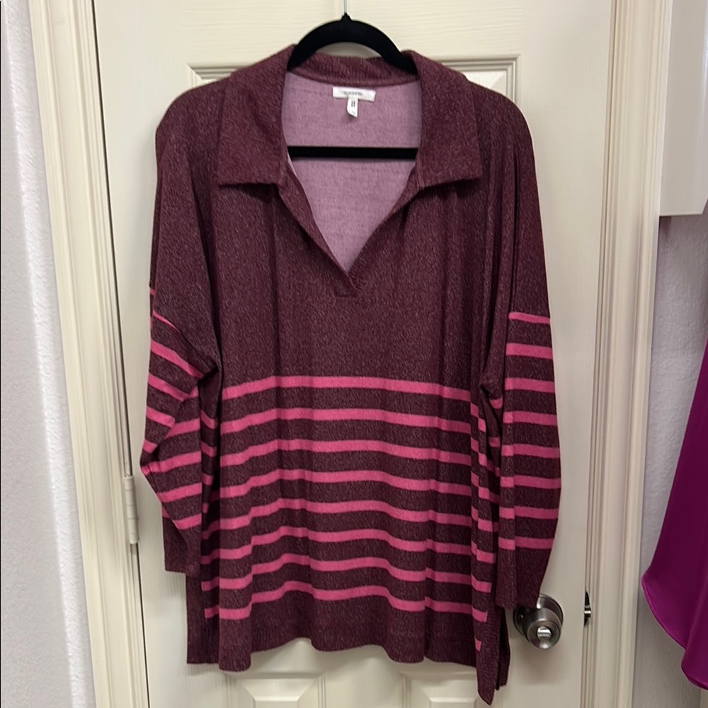 Maurices Burgundy and Pink Striped V-Neck Sweater